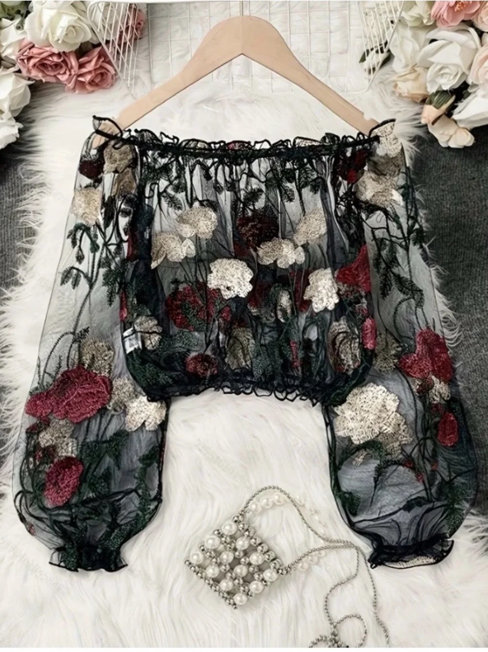 Sheer Off-Shoulder Floral Embroidered Blouse - Black with Red & Cream Flowers